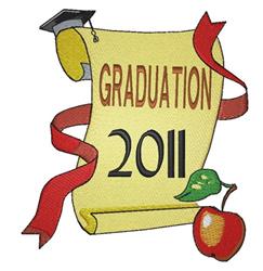 Colorful graduation scroll with 'GRADUATION' and '2011' in bold red, topped by an open cap, apple, and ribbon.