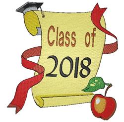 Graduation scroll with 'Class of 2018' in vibrant yellow, adorned with a red ribbon, topped by a graduation cap, and accompan