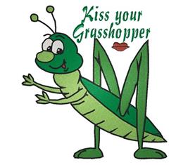Playful green grasshopper with a smiley face and outstretched arms, featuring the text 'Kiss your Grasshopper'.