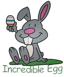 Cartoon gray bunny joyfully holding a colorful Easter egg, sitting on green grass for a playful spring design.