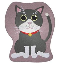 Playful gray cat with round eyes, white paws, and a red collar on a pink background.