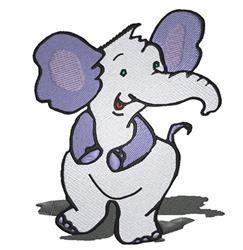 Playful gray elephant in a cartoon style with purple accents and a smiling expression, perfect for kids.