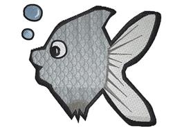Playful gray fish with detailed scales and three blue bubbles, perfect for casual marine-themed projects.