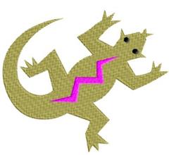 Cartoon green lizard with pink zigzag design, playful pose, and large black eyes. Ideal for casual decor.