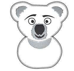 Applique koala face in playful cartoon style with gray and black colors, featuring large eyes and simple outlines.