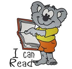 Playful koala character with grey fur, yellow shirt, and orange shorts, joyfully pointing at an open book.