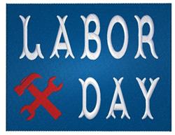 Labor Day text design in bold white on blue, featuring playful red hammer and wrench tools.