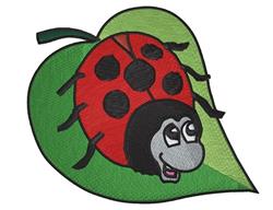 Cheerful ladybug with black spots on a vibrant green leaf in a playful cartoon style.