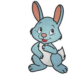 Playful cartoon rabbit in light blue fur with a white belly and long pink ears, perfect for kids' items.