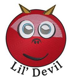 Playful cartoon devil character in red with large eyes and horns, featuring 'Lil' Devil' text, perfect for Halloween.