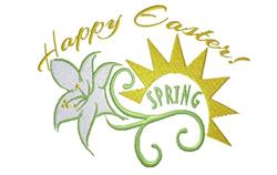 Lily flower entwined with green vines, bright yellow sunburst background, cheerful spring theme, 'Happy Easter!' text.