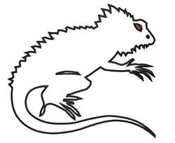 Cartoonish lizard with spiny texture, bold outline, and striking red eye, ideal for playful embroidery on accessories.