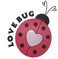 Whimsical red ladybug with black spots and a heart on its shell, featuring 'LOVE BUG' text for Valentine's Day.
