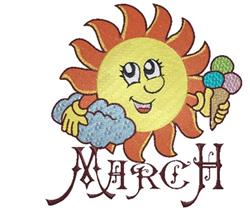Playful sun with ice cream cone beside a cloud, featuring cheerful springtime colors and whimsical design.