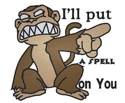 Cartoon monkey with sharp teeth and a playful grin points aggressively, surrounded by bold text 'I'll put a spell on you'.