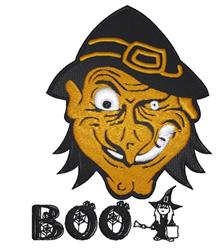 Cartoon witch with exaggerated features, black hat, and orange face, saying 'BOO', perfect for Halloween fun.