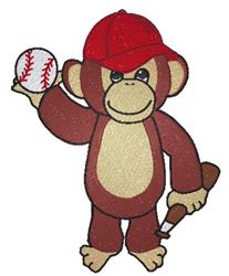 Playful monkey baseball player with brown fur and a red cap, holding a baseball and bat.