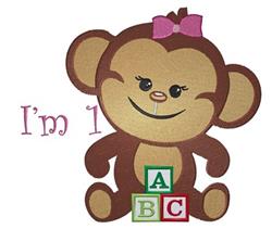 Cartoon monkey with a pink bow smiling, surrounded by colorful blocks A, B, C and light purple text 'I'm 1'.