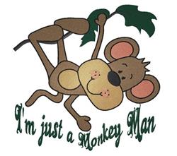 Playful cartoon monkey hanging from a leafy branch with 'I'm just a Monkey Man' text below. Cheerful design.