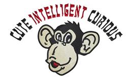 Playful monkey face with large ears and cream-colored features, featuring vibrant red text 'CUTE INTELLIGENT CURIOUS'.
