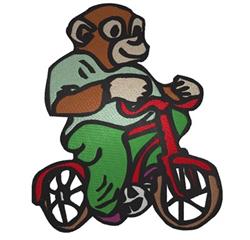 Cartoon monkey in colorful clothing riding a red bicycle, showcasing a vibrant and playful design.