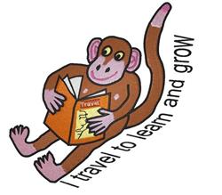 Playful cartoon monkey reading a colorful book titled 'Travel' with cheerful expression and pink accents.
