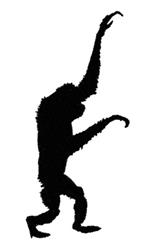 Minimalist black silhouette monkey with raised limbs, striking contrast against white background.