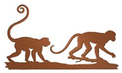 Silhouette monkeys in playful and walking poses, rich brown shapes against a light background.