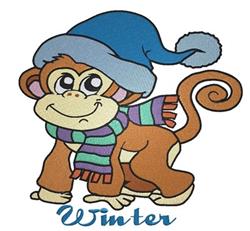 Whimsical monkey in a blue winter hat and colorful scarf, exuding playful charm, perfect for winter décor.