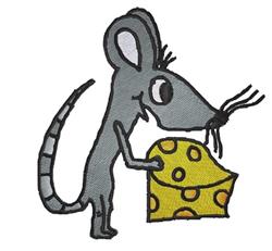 Cartoon gray mouse joyfully holding yellow cheese with holes, perfect for a playful kitchen towel design.