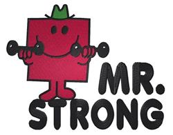 Playful red square character with a green hat lifts dumbbells, showcasing strength. 'MR. STRONG' text adds vibrancy.
