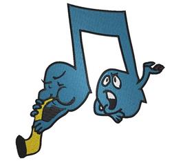 Cartoon musical note with animated faces, featuring a blue note and character playing a yellow instrument.