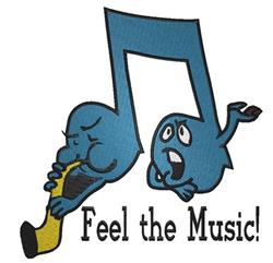 Playful musical notes, one playing a saxophone, the other surprised, with 'Feel the Music!' text below.
