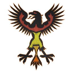 Stylized mythical bird with red and black wings, vibrant green to yellow body, and fiery orange tail.