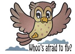 Playful cartoon owl in flight with fluffy clouds and the text 'Whoo's afraid to fly?', perfect for children's items.