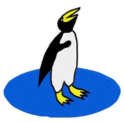 Cartoon penguin with black and white body, yellow beak and feet on a vivid blue background.