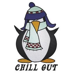 Playful penguin wearing a colorful hat and scarf, celebrating winter joy with cheerful 'CHILL OUT' text.