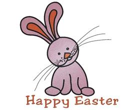 Playful pink rabbit with large orange ears, cheerful expression, and 'Happy Easter' text, perfect for Easter decor.
