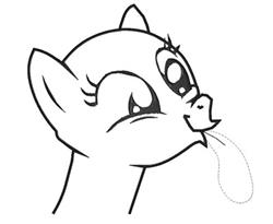 Cartoon pony's head with large eyes and playful expression, tongue out, in simple line art for embroidery.