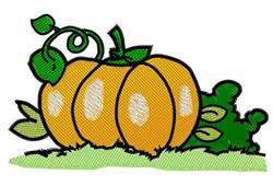 Playful orange pumpkin with white stripes, surrounded by green leaves and a curly vine, perfect for fall decor.