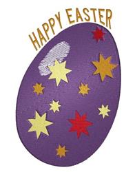 Playful purple Easter egg adorned with yellow and red stars with 'HAPPY EASTER' text for festive spring decor.