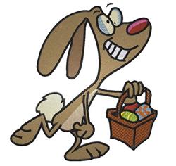 Playful cartoon rabbit with brown fur and oversized eyes, holding a basket of colorful Easter eggs, perfect for festive decor