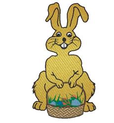 Cheerful yellow rabbit holding a woven basket filled with colorful eggs and grass, perfect for Easter fun.