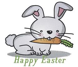 Cute rabbit holding a carrot with pink accents, perfect for Easter. Playful cartoon design for festive decorations.