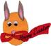 Playful rabbit head in orange with pink ears and a red ribbon saying 'Happy Easter', perfect for festive projects.