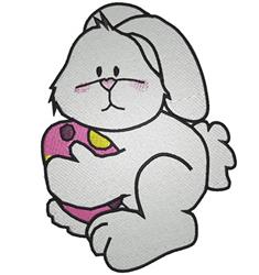 Cute white rabbit holding a colorful Easter egg with pink and yellow spots, perfect for playful springtime decor.