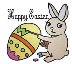 Cartoon rabbit joyfully painting a zigzag Easter egg in vibrant colors, perfect for festive spring decor.
