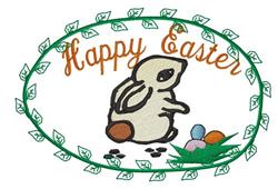 Playful rabbit beside vibrant Easter eggs in colorful grass, with 'Happy Easter' in orange text, perfect for festive decor.