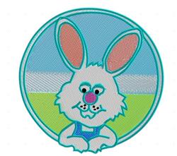 Playful rabbit with large ears in a circular frame, set against a soft blue and green background for Easter.