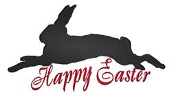Minimalist rabbit silhouette in black leaping above elegant 'Happy Easter' text in red, festive design.